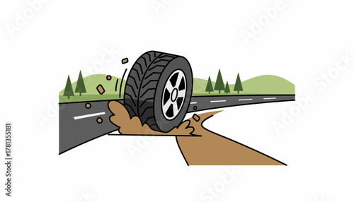 A cars tire spinning in the dirt as it leaves the main road leading into an adventure off the beaten path.