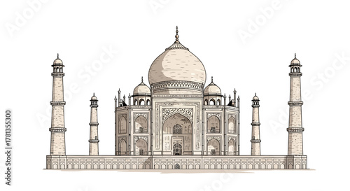 Detailed architectural drawing of the taj mahal in line art style