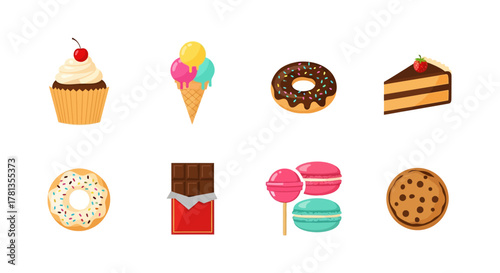 Colorful sweet desserts collection: cupcake, ice cream, donut, cake, chocolate, candy, macarons