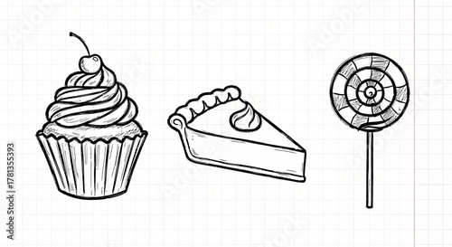 Hand-drawn desserts on graph paper: cupcake, pie slice, and lollipop sketch