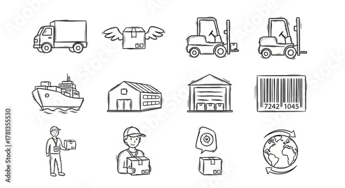 Hand drawn delivery and logistics set with trucks, forklifts, and global symbols