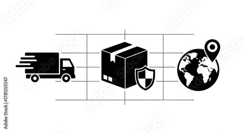 Global shipping process icons: delivery truck, secure package, and worldwide location symbols