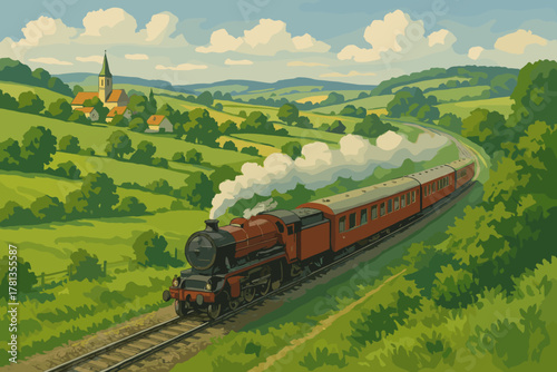A classic steam locomotive travels through lush countryside, emitting white smoke and pulling a series of red passenger cars with a quaint village in the background.