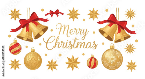 Festive golden christmas decorations with bells ornaments and stars wishing merry christmas