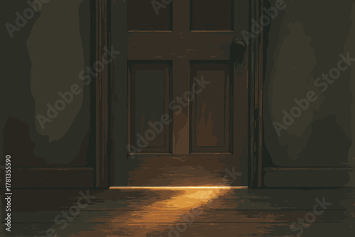 A dimly lit wooden door with four panels, partially illuminated by a narrow beam of light from beneath, casting shadows on a dark hardwood floor.