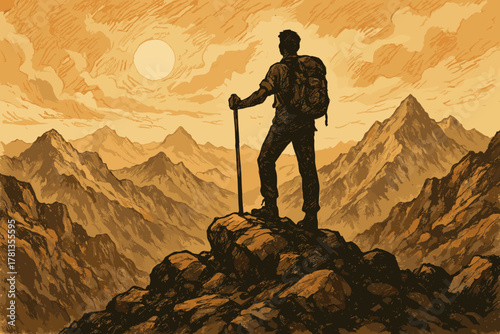Male hiker silhouetted against a mountainous sunrise, standing on rocky terrain with a backpack and walking stick, admiring the scenic landscape.