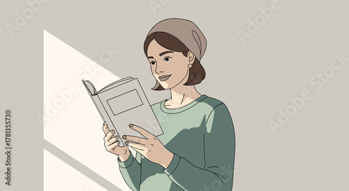 Young caucasian female with short brown hair wearing a beanie and green sweater, reading a book with focused expression in a softly lit room.