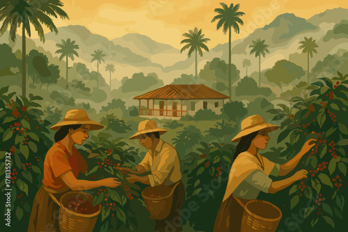 Three hispanic adults in straw hats harvest ripe coffee cherries in a tropical plantation, with lush vegetation and mountains in the background.
