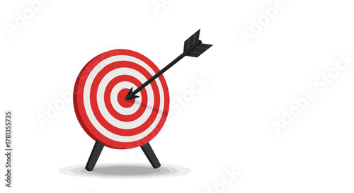 Target success: arrow hitting bullseye on red and white dartboard