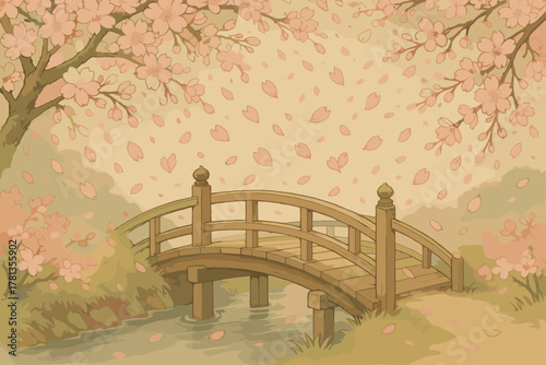 A serene scene depicting a wooden arch bridge over a calm stream, surrounded by blossoming cherry trees with petals gently falling.