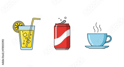Colorful beverage icons: soda can, lemonade glass, and steaming coffee cup