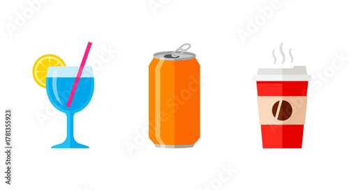 Colorful beverage icons featuring cocktail, soda can, and coffee cup