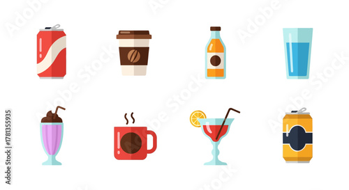 Colorful flat icons of various beverages including coffee and soda