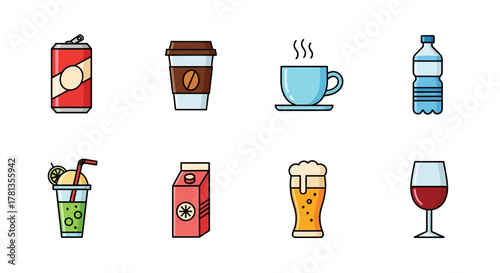 Colorful beverage icons: variety of drinks in flat style