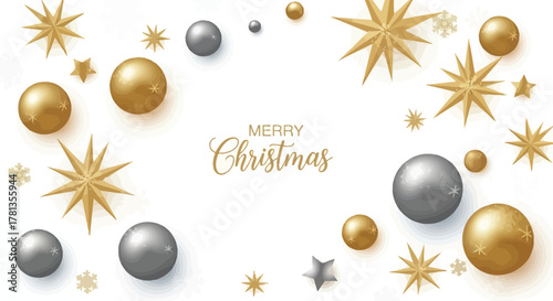 Elegant merry christmas greeting card with gold and silver ornaments and starbursts on white background