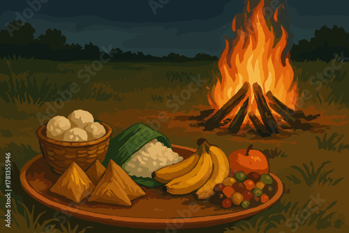 A large campfire burns brightly in a grassy field next to a wooden platter with rice, bananas, samosas, an apple, and candies.