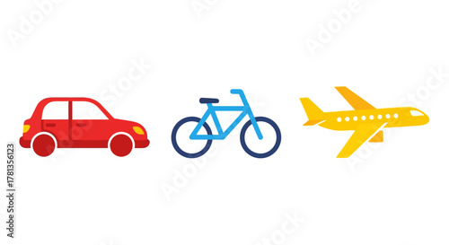Colorful transportation icons: car, bicycle, airplane for modern designs