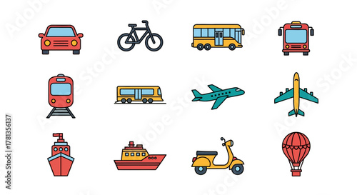 Colorful linear icons of various transportation modes set on white background