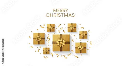 Elegant gold christmas presents and confetti scattered on a white background with merry christmas text