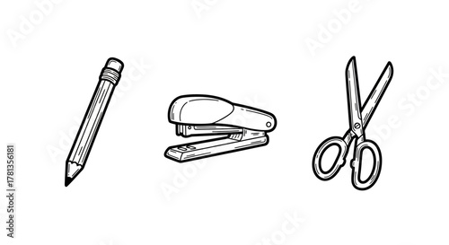 Hand-drawn office supplies: pencil, stapler, scissors on white background