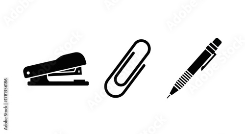 Silhouette office supplies: stapler, paper clip, and pen icons