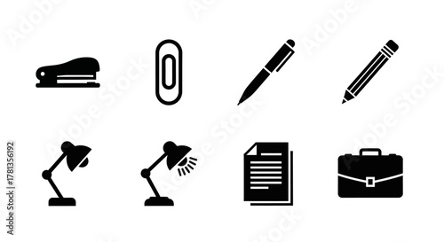 Office essentials: icon set featuring stationery and work tools