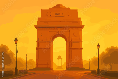 The india gate monument in new delhi, india, stands majestically at sunset, with its large archway and surrounding trees and lampposts.