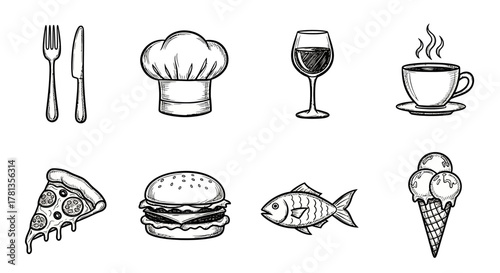 Hand drawn food icons: culinary delights in sketch style
