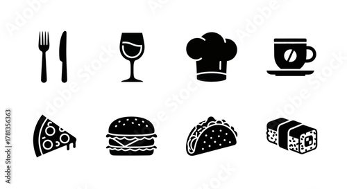 Monochrome food and drink icons featuring cuisine essentials