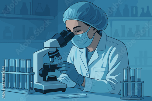 Female caucasian young scientist wearing a lab coat and mask examines samples under a microscope in a laboratory setting.