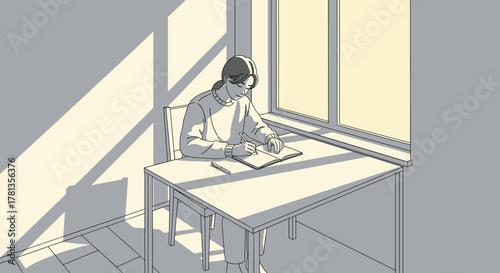 Young caucasian female sitting at a table by the window, writing in a notebook in a sunlit room with shadows.