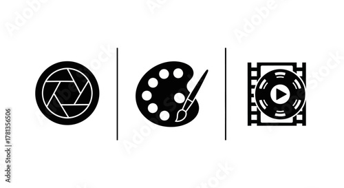 Creative icons set: camera, palette, and video editing tools in minimalist design