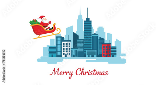 Santa claus flying his sleigh with gifts over a modern city skyline during christmas