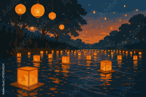 Warmly lit lanterns float gracefully on a tranquil river during an evening festival, with trees silhouetted against a vibrant sunset sky.