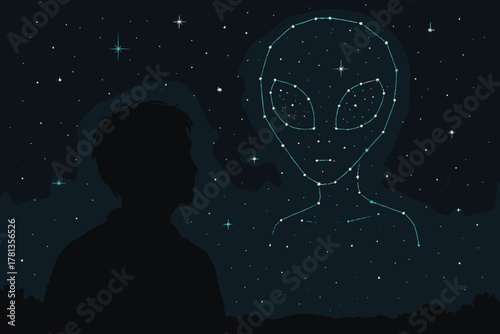 Silhouette of a young person looking at a constellation in the shape of an alien face in a starry night sky.