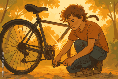 Young caucasian male repairing a bicycle chain outdoors amidst autumn foliage, concentrating intently on fixing the mechanical issue.