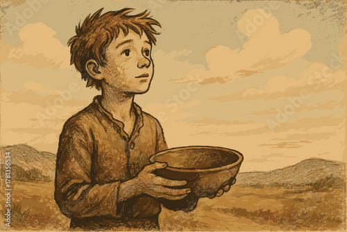 Young caucasian male child with tousled hair holds an empty bowl, looking upward in a sepia-toned landscape.