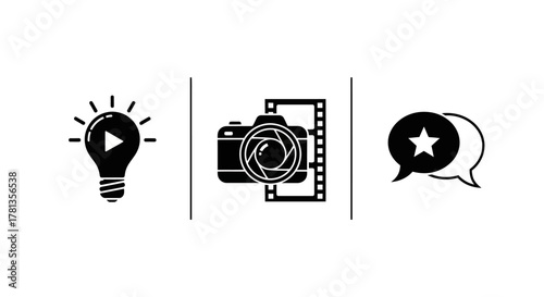Creative icons: lightbulb, camera, and communication symbols in silhouette style
