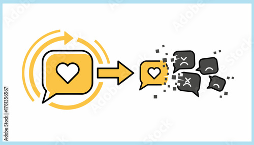An animated visual of a chain reaction where one positive comment counters multiple negative ones embodying the strength of support.