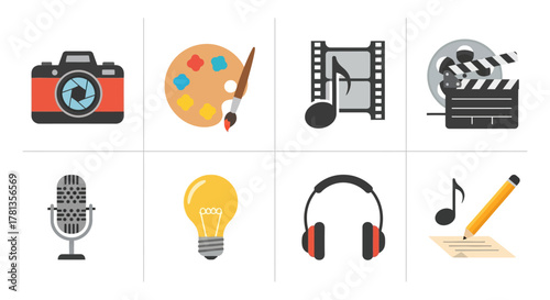 Creative arts icons: photography, painting, film, music, and more in flat design