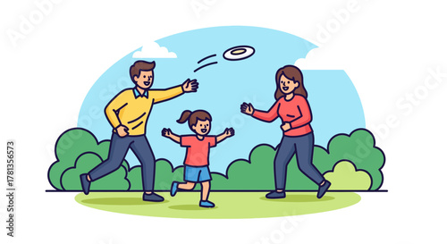 Family playing frisbee in park: fun outdoor activity with parents and child