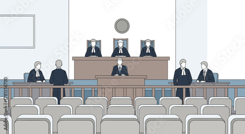 A courtroom scene depicting judges sitting behind a large bench, lawyers standing at desks, and an empty audience area in a formal setting.