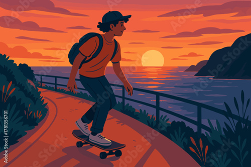 Young male skateboarder riding along a coastal path at sunset, with an ocean view and vibrant orange sky.