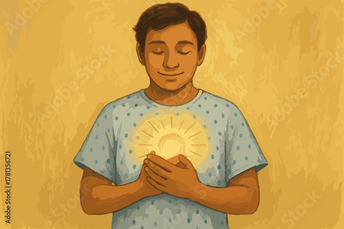 Hispanic young male in a patterned shirt stands with eyes closed, holding a glowing symbol of the sun close to his chest, symbolizing warmth and peace.