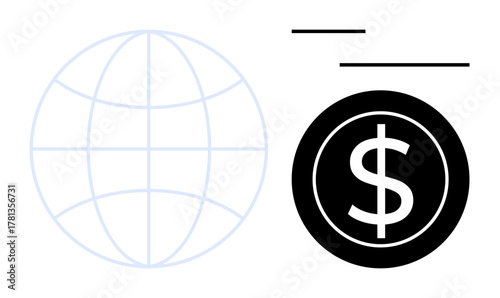 World globe outline with a bold dollar icon and dynamic lines indicating movement. Ideal for finance, global trade, currency, international business, economics, investment, and digital transactions