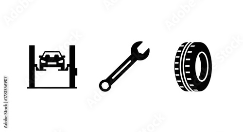 Automotive repair symbols: lift, wrench, tire icons for garage services