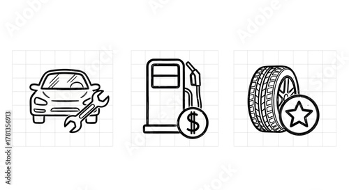 Car maintenance line icons: repair, fuel, and tire services for automotive needs