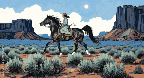 A Native American Woman Riding a Horse in the Desert Landscape