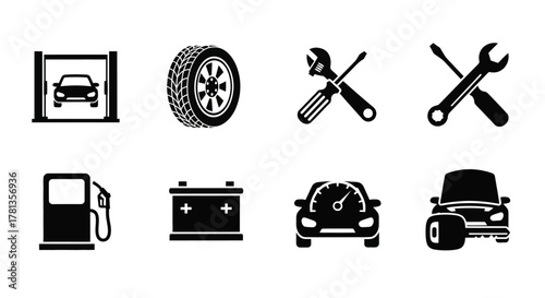 Automotive icons: repair tools and symbols in bold silhouette style