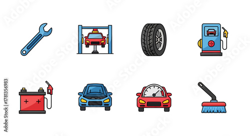 Car repair and maintenance icons for garage and workshop use